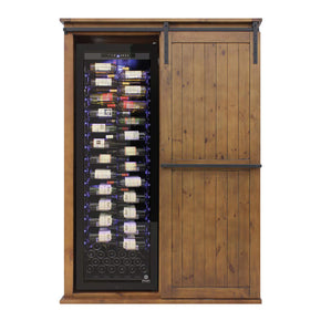 Rustic wine cabinet with sliding door and distressed wood finish