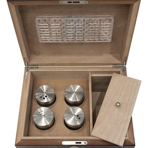Handcrafted wooden humidor with custom cannabis storage compartments and built-in hygrometer