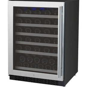 Allavino 24 FlexCount II Tru-Vino 56 Bottle Single Zone Stainless Steel Left Hinge Wine Refrigerator front view with glass door