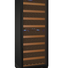 Allavino 24 Vite II Tru-Vino 99 Bottle Dual Zone Black Right Hinge Wine Refrigerator front view with open door