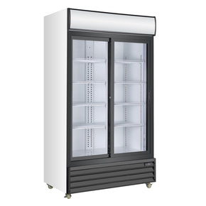 KingsBottle USA Double Sliding Door Display Beverage Cooler Refrigerator in Black Finish with LED Lighting and Adjustable Shelves