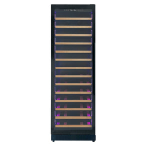 Front view of Allavino Reserva Series 67 Bottle 71 Tall Single Zone Left Hinge Black Shallow Wine Refrigerator with Wood Front Shelves 